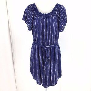 Chanler Henry Women's Sz Large Blue White Belted Dress Wide Elastic Wide Neck